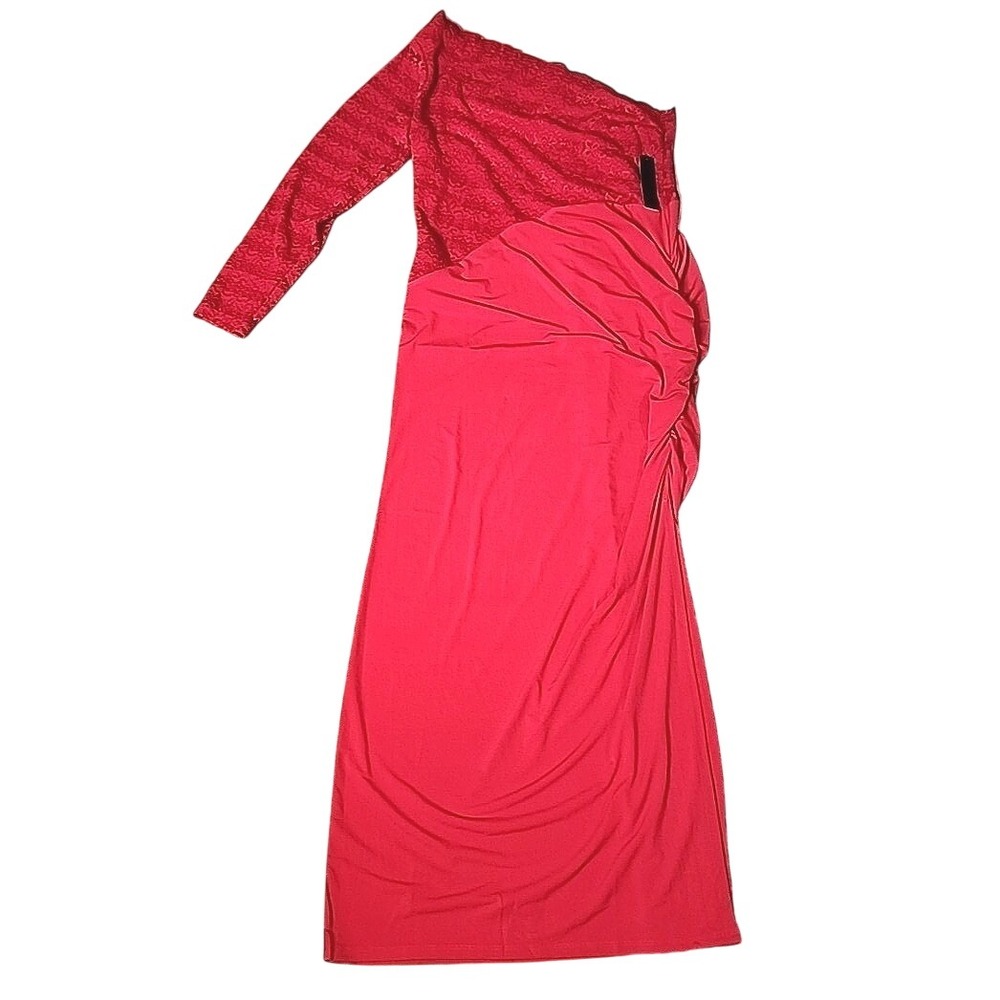 Venus Red One Shoulder Lace Maxi Dress XL Ruched Side Slit Holiday Evening Party